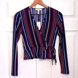 BCBGeneration Womens Wrap Top Navy Multi XS Striped Peplum Long Sleeve Blouse